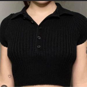 Brandy Melville Black Ribbed Polo Crop Top